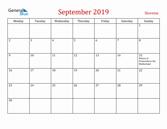 Slovenia September 2019 Calendar - Monday Start