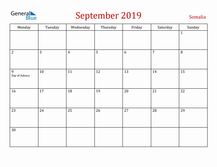 Somalia September 2019 Calendar - Monday Start