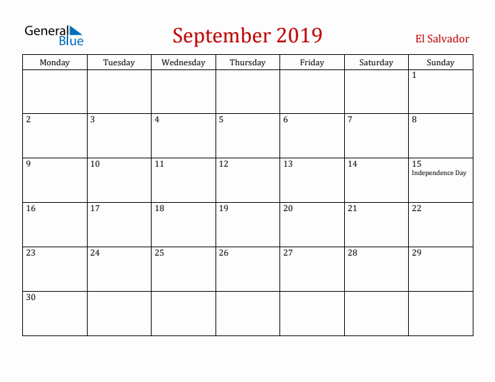 El Salvador September 2019 Calendar - Monday Start