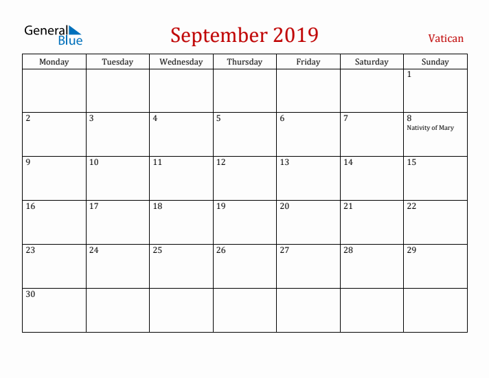 Vatican September 2019 Calendar - Monday Start