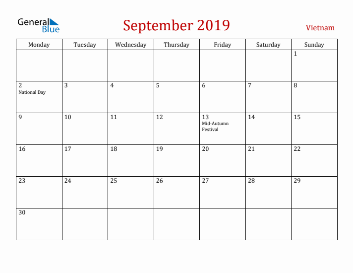 Vietnam September 2019 Calendar - Monday Start