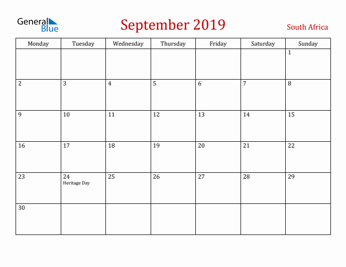 South Africa September 2019 Calendar - Monday Start
