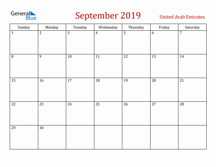 United Arab Emirates September 2019 Calendar - Sunday Start