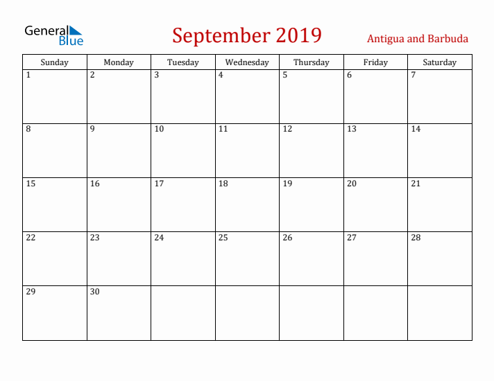 Antigua and Barbuda September 2019 Calendar - Sunday Start