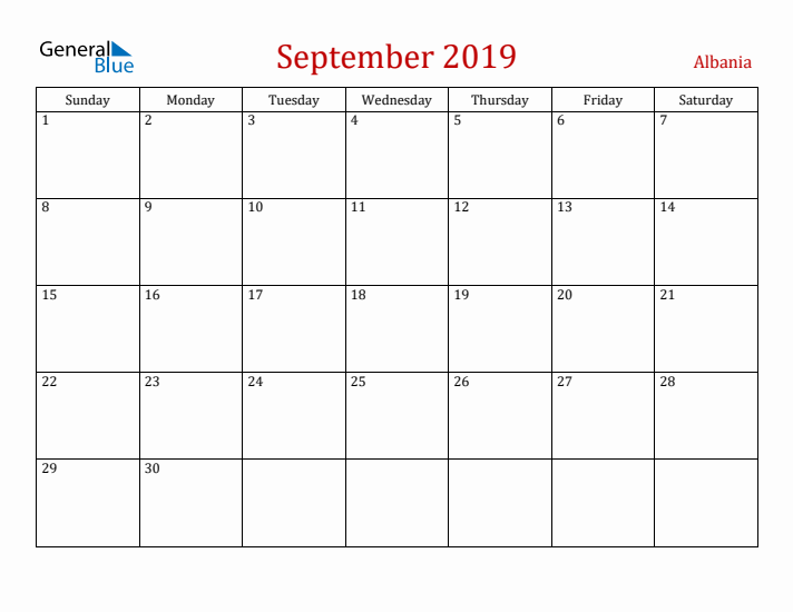 Albania September 2019 Calendar - Sunday Start