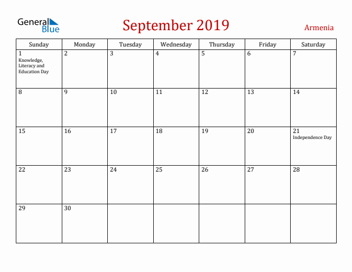 Armenia September 2019 Calendar - Sunday Start