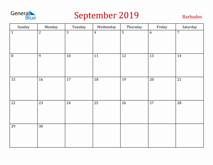Barbados September 2019 Calendar - Sunday Start
