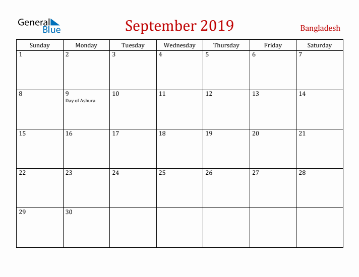 Bangladesh September 2019 Calendar - Sunday Start