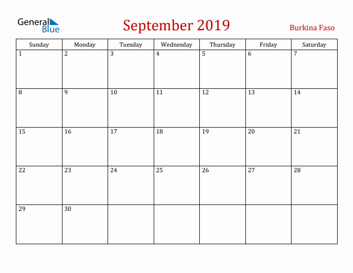 Burkina Faso September 2019 Calendar - Sunday Start