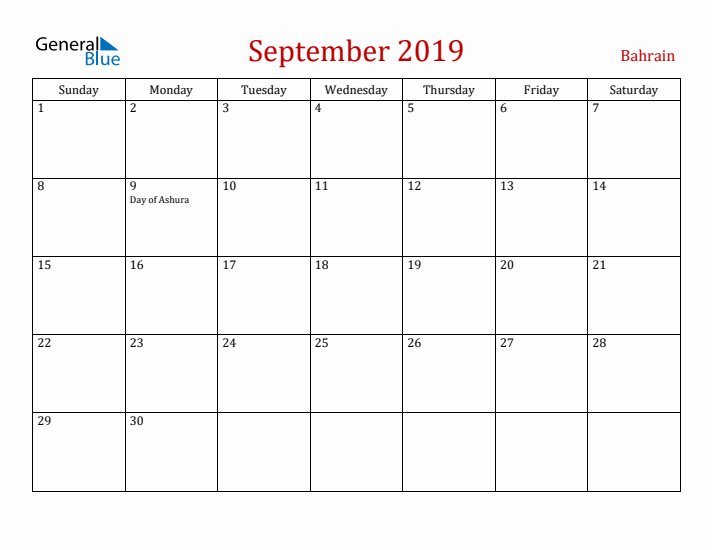 Bahrain September 2019 Calendar - Sunday Start