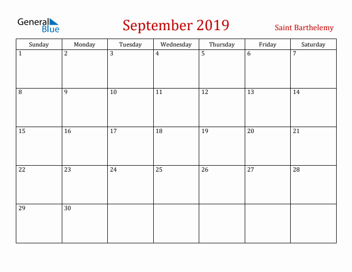 Saint Barthelemy September 2019 Calendar - Sunday Start
