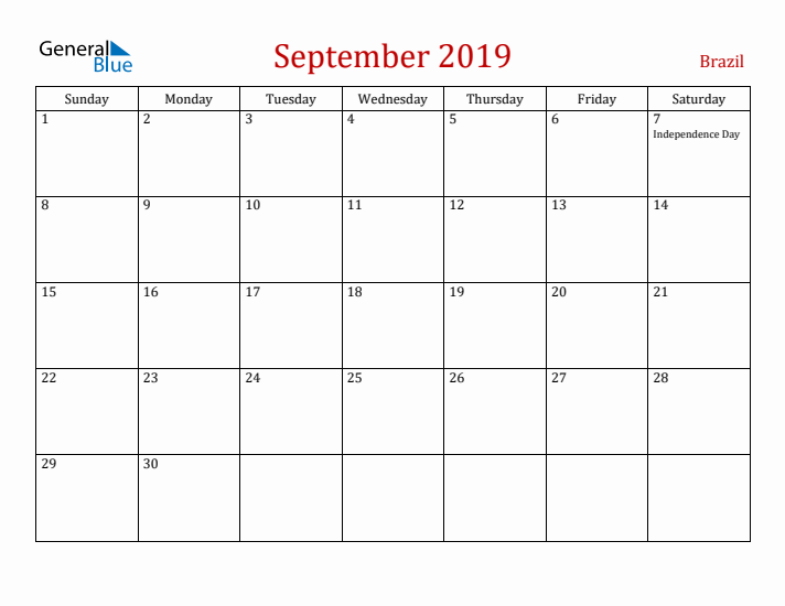 Brazil September 2019 Calendar - Sunday Start