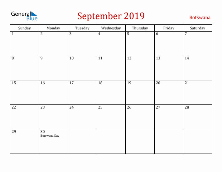Botswana September 2019 Calendar - Sunday Start