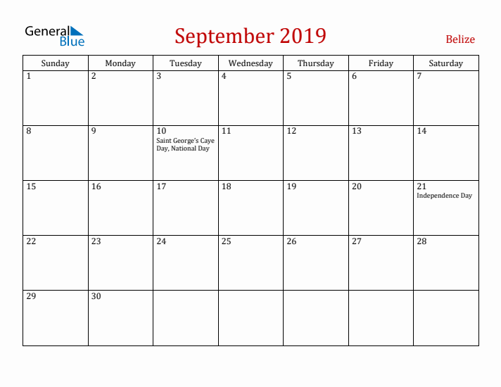 Belize September 2019 Calendar - Sunday Start