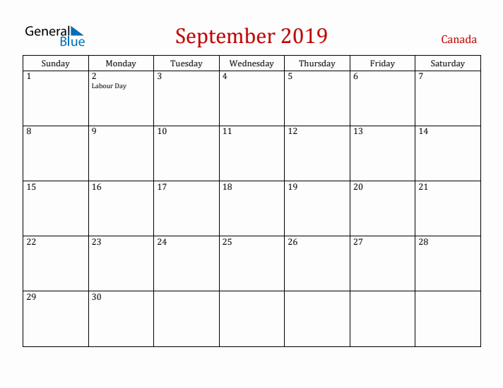 Canada September 2019 Calendar - Sunday Start