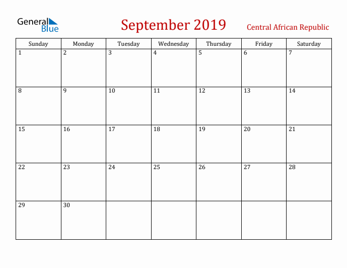 Central African Republic September 2019 Calendar - Sunday Start