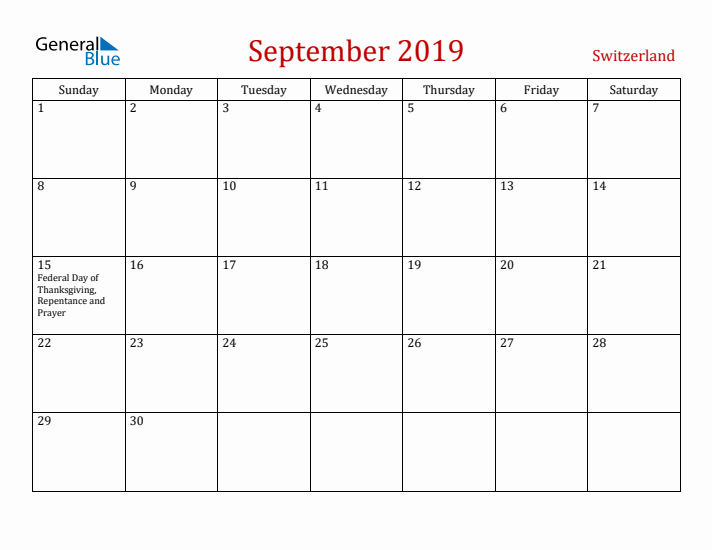 Switzerland September 2019 Calendar - Sunday Start