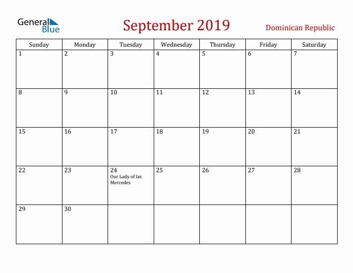 Dominican Republic September 2019 Calendar - Sunday Start