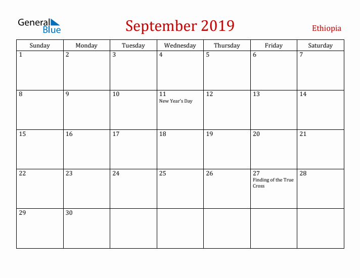 Ethiopia September 2019 Calendar - Sunday Start