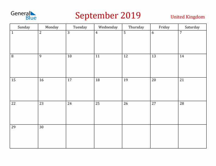 United Kingdom September 2019 Calendar - Sunday Start