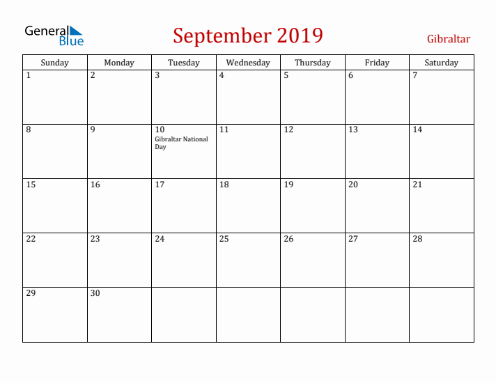 Gibraltar September 2019 Calendar - Sunday Start