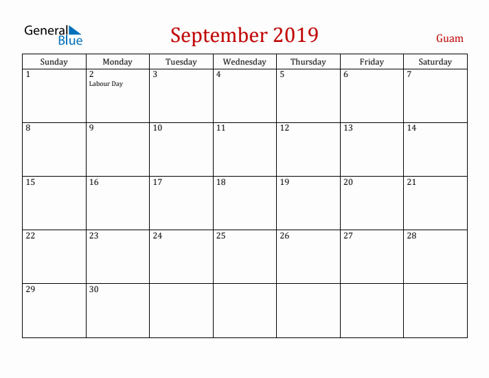 Guam September 2019 Calendar - Sunday Start