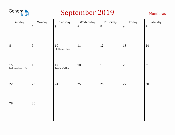 Honduras September 2019 Calendar - Sunday Start