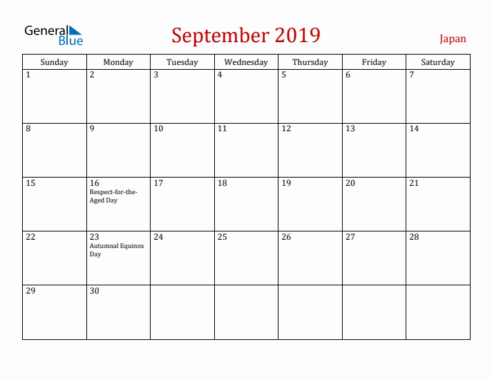 Japan September 2019 Calendar - Sunday Start