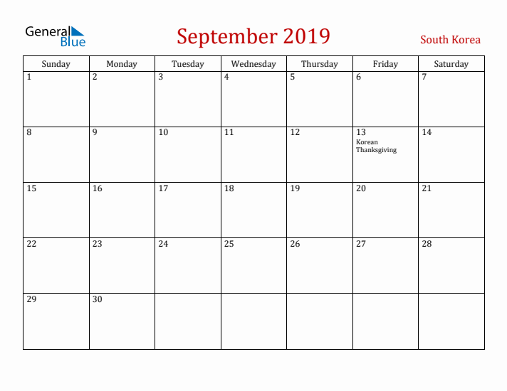 South Korea September 2019 Calendar - Sunday Start