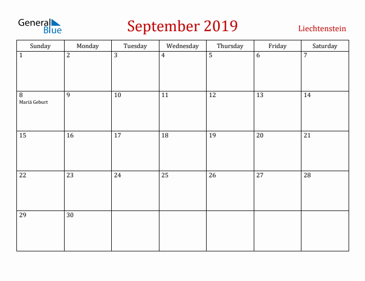 Liechtenstein September 2019 Calendar - Sunday Start