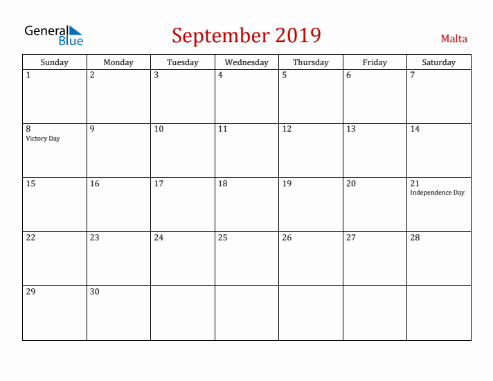 Malta September 2019 Calendar - Sunday Start