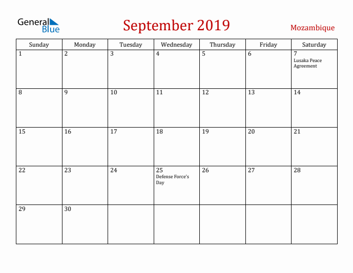 Mozambique September 2019 Calendar - Sunday Start