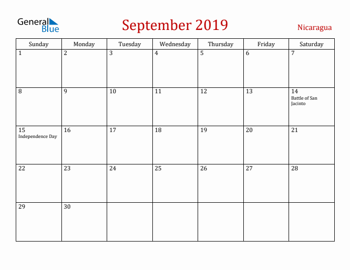 Nicaragua September 2019 Calendar - Sunday Start