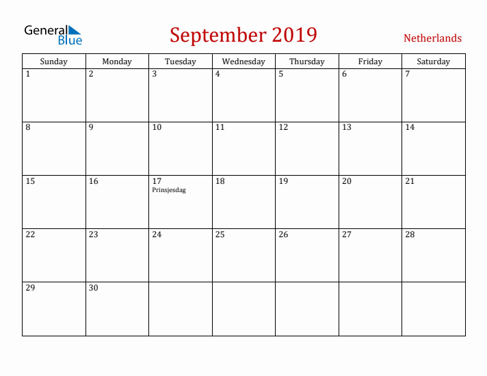 The Netherlands September 2019 Calendar - Sunday Start