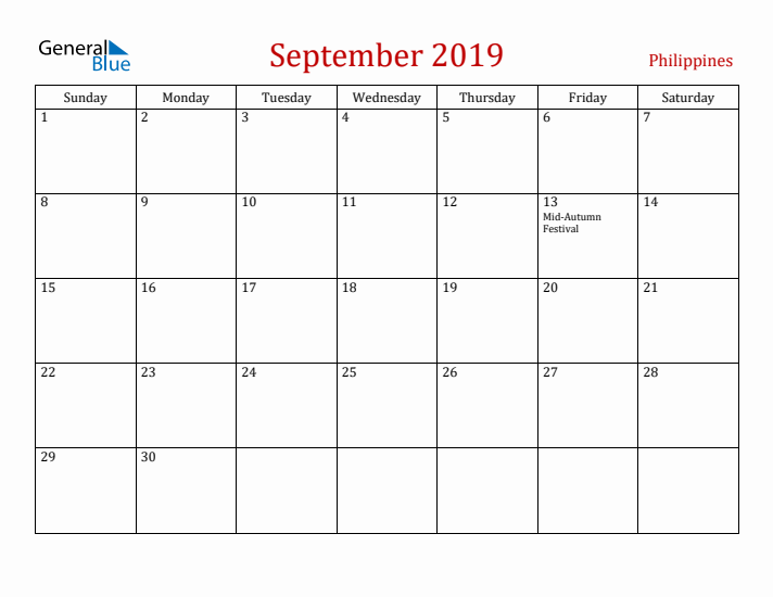 Philippines September 2019 Calendar - Sunday Start