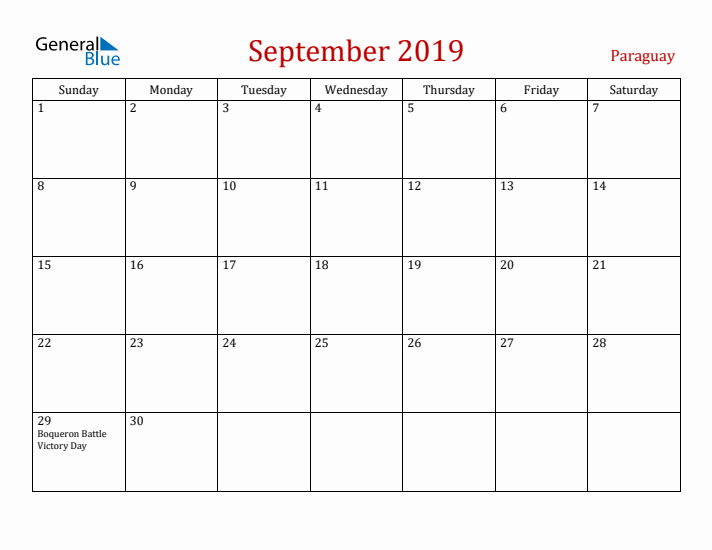 Paraguay September 2019 Calendar - Sunday Start