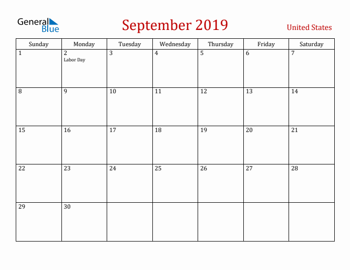 United States September 2019 Calendar - Sunday Start