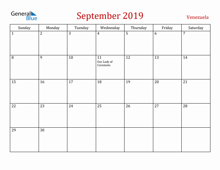Venezuela September 2019 Calendar - Sunday Start