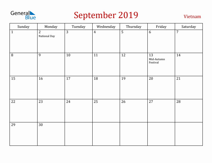 Vietnam September 2019 Calendar - Sunday Start