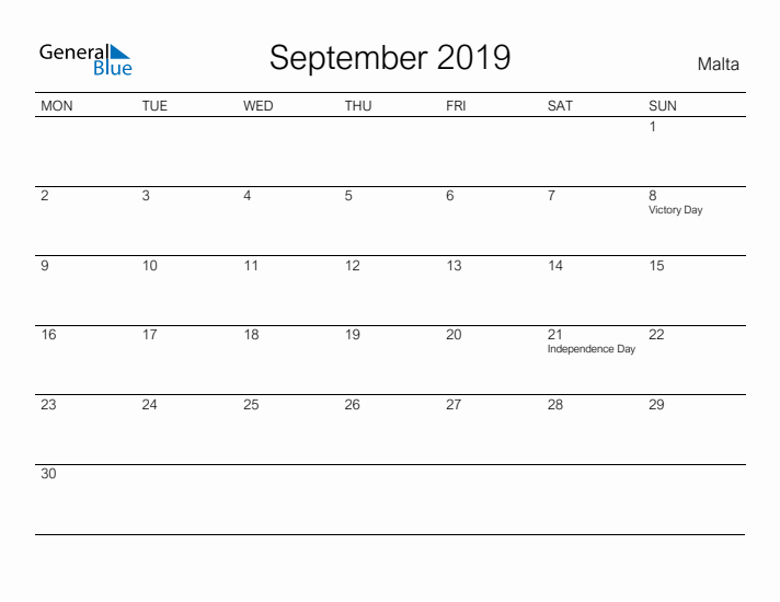 Printable September 2019 Calendar for Malta