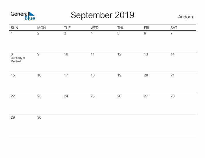 Printable September 2019 Calendar for Andorra