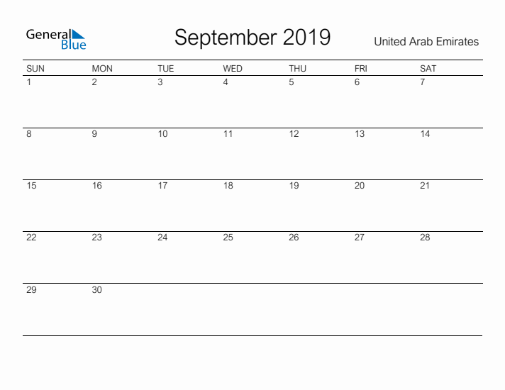 Printable September 2019 Calendar for United Arab Emirates