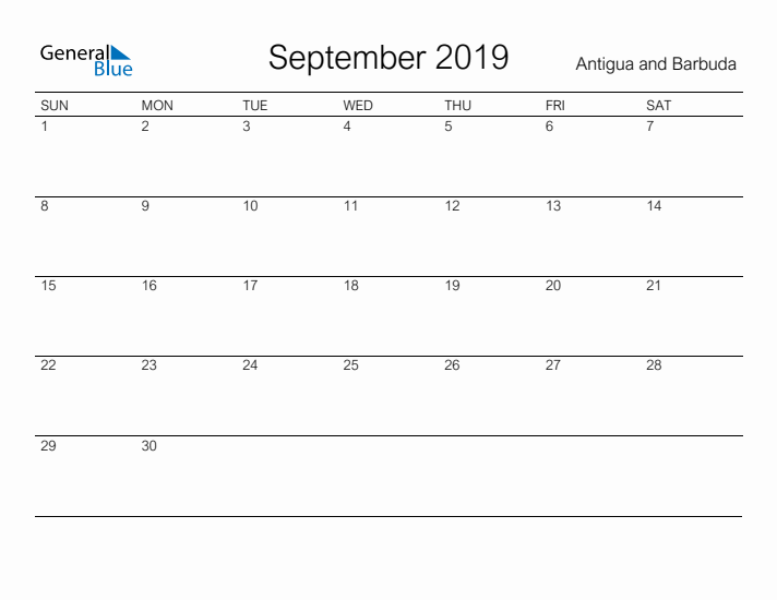Printable September 2019 Calendar for Antigua and Barbuda