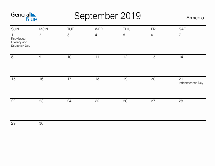 Printable September 2019 Calendar for Armenia