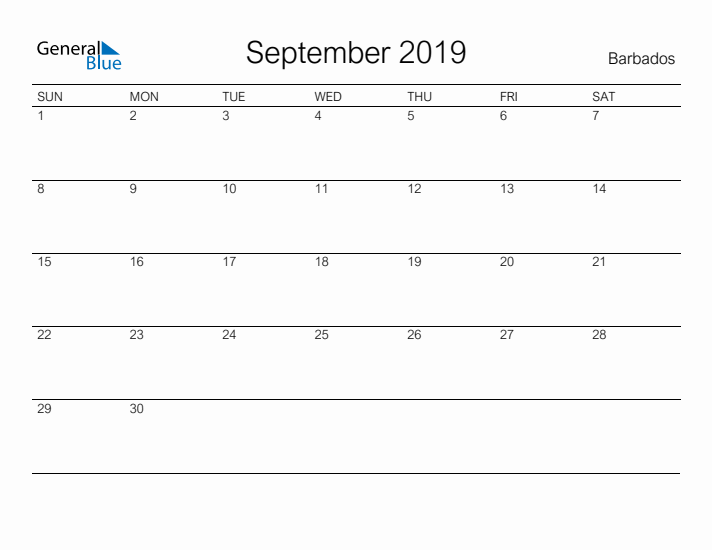 Printable September 2019 Calendar for Barbados