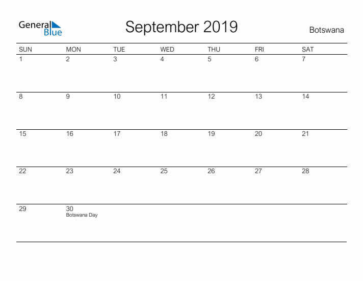 Printable September 2019 Calendar for Botswana