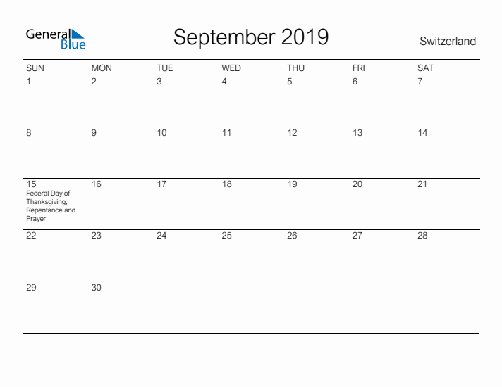 Printable September 2019 Calendar for Switzerland
