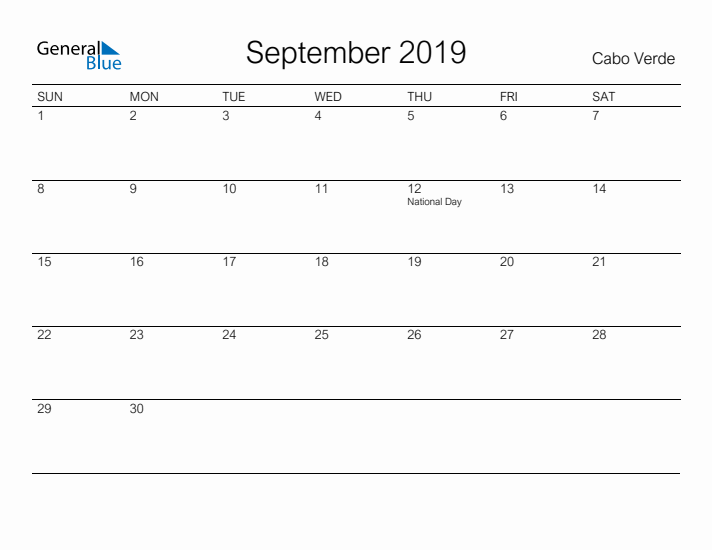 Printable September 2019 Calendar for Cabo Verde