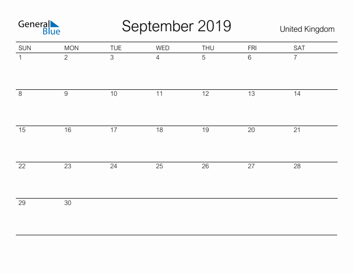 Printable September 2019 Calendar for United Kingdom