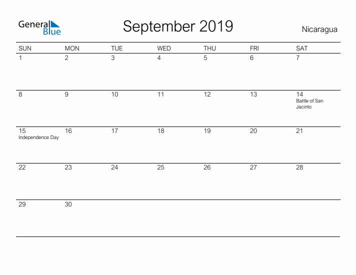 Printable September 2019 Calendar for Nicaragua